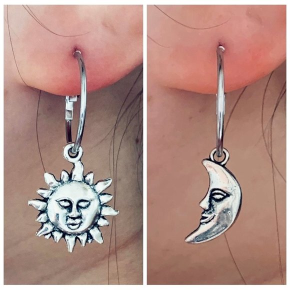 Smiling Silver Sun and Moon Earrings - Picture 2 of 2
